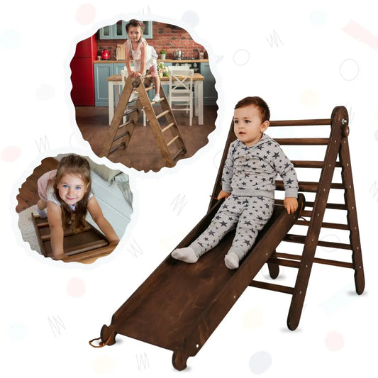 2in1 Montessori Climbing Frame Set: Triangle Ladder + Slide Board/Ramp – Chocolate