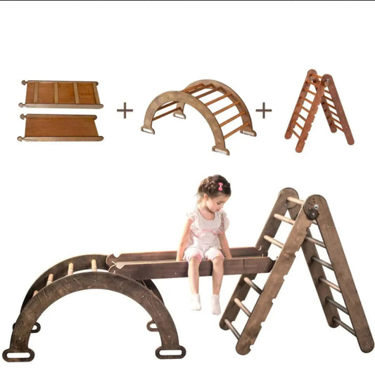 3in1 Montessori Climbing Set: Triangle Ladder + Arch/Rocker Balance + Slide Board – Chocolate