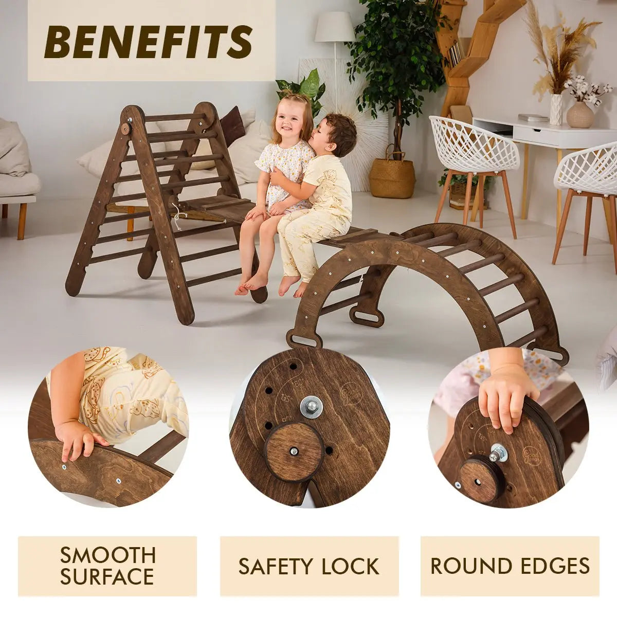 3in1 Montessori Climbing Set: Triangle Ladder + Wooden Arch + Slide Board – Chocolate NEW