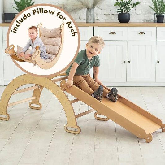 3in1 Montessori Play Set for Toddlers: Arch + Slide + Cushion - Beige