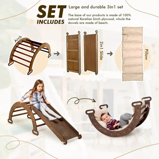 3in1 Montessori PlaySet for Toddlers: Arch + Slide + Cushion - Chocolate