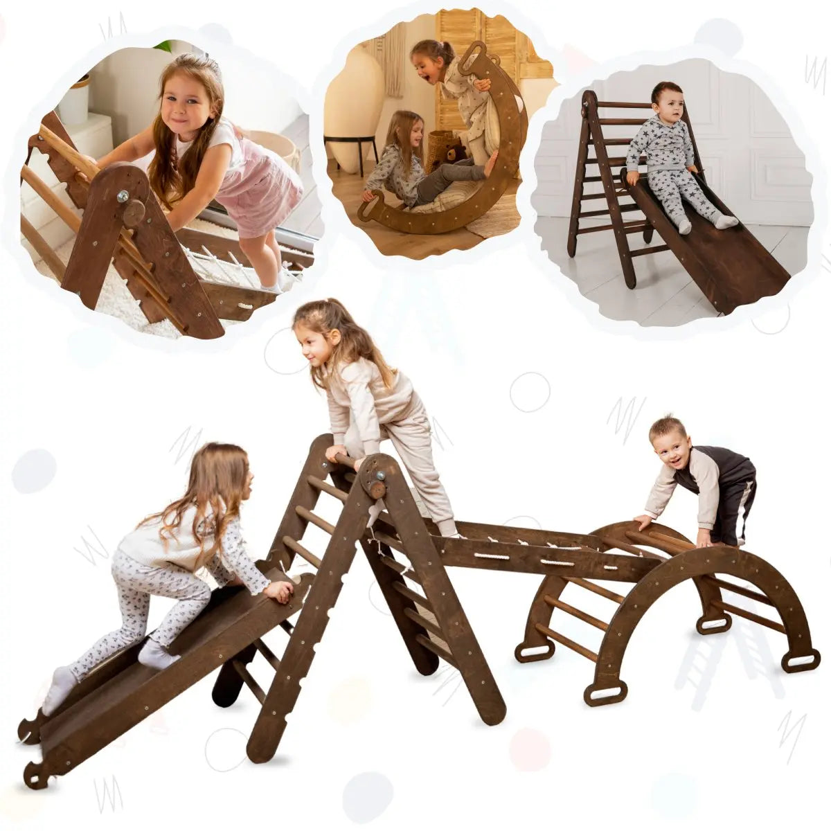 4in1 Montessori Climbing Set: Triangle Ladder + Arch/Rocker + Slide Board/Ramp + Net – Chocolate