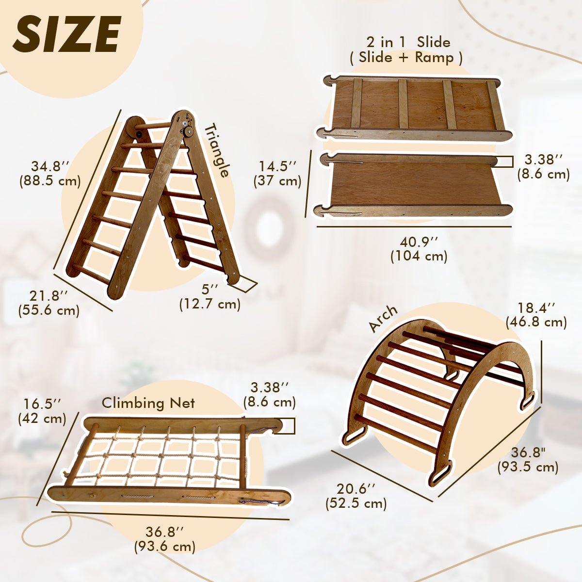 4in1 Montessori Climbing Set: Triangle Ladder + Arch/Rocker + Slide Board/Ramp + Net – Chocolate