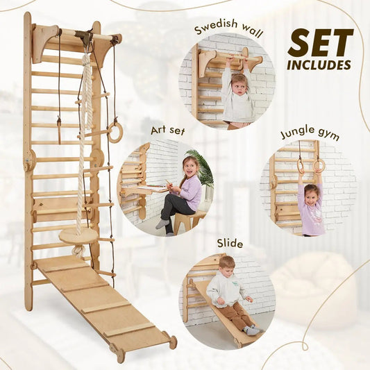 4in1 Wooden Swedish Wall / Climbing ladder for Children + Swing Set + Slide Board + Art Add-on