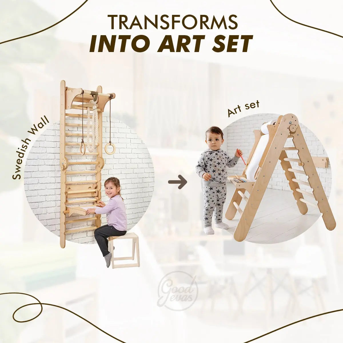 4in1 Wooden Swedish Wall / Climbing ladder for Children + Swing Set + Slide Board + Art Add-on