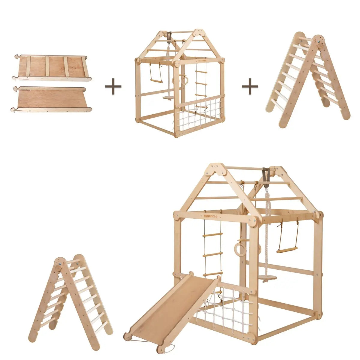 Indoor Wooden Playhouse with Triangle ladder, Slide Board and Swings